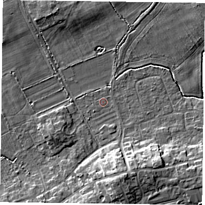 Shaded relief map of the ground around YO196BS, computed from Environment Agency LiDAR. The ground here sits at about 9 m above sea level and falls 10 m across the surrounding 800 m. Surface water reaching this point runs off ground lying to the south-south-east, 7.7 m higher.