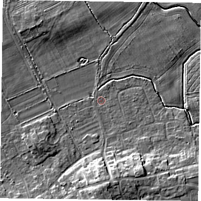 Shaded relief map of the ground around YO196BW, computed from Environment Agency LiDAR. The ground here sits at about 9 m above sea level and falls 10 m across the surrounding 800 m. Surface water reaching this point runs off ground lying to the south, 8.6 m higher.