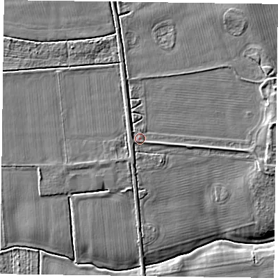Shaded relief map of the ground around YO196DE, computed from Environment Agency LiDAR. The ground here sits at about 8 m above sea level and falls 7 m across the surrounding 800 m. Surface water reaching this point runs off ground lying to the east, 2.9 m higher.