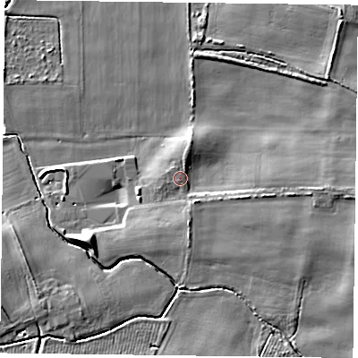 Shaded relief map of the ground around YO196DJ, computed from Environment Agency LiDAR. The ground here sits at about 8 m above sea level and falls 8 m across the surrounding 800 m. Surface water reaching this point runs off ground lying to the north-north-east, 1.7 m higher.