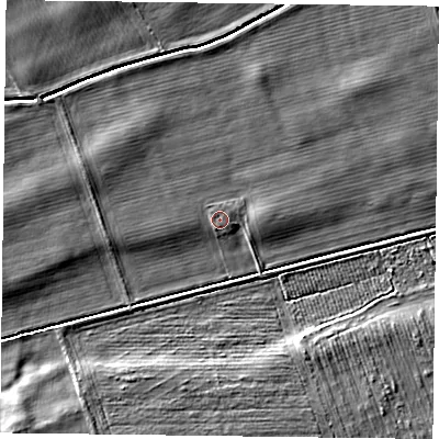 Shaded relief map of the ground around YO196DN, computed from Environment Agency LiDAR. The ground here sits at about 7 m above sea level and falls 5 m across the surrounding 800 m. The ground contributing surface water to this point lies to the south-south-west.