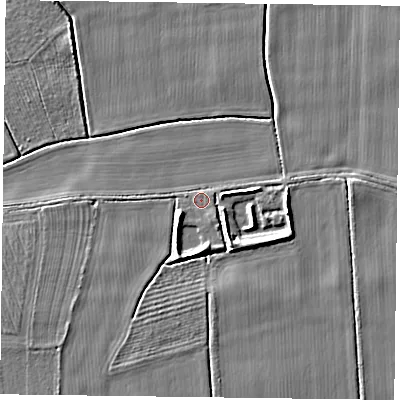 Shaded relief map of the ground around YO196DW, computed from Environment Agency LiDAR. The ground here sits at about 7 m above sea level and falls 6 m across the surrounding 800 m. Surface water reaching this point runs off ground lying to the south-west, 3.6 m higher.