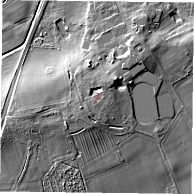 Shaded relief map of the ground around YO196EA, computed from Environment Agency LiDAR. The ground here sits at about 16 m above sea level and falls 14 m across the surrounding 800 m. Surface water reaching this point runs off ground lying to the north-east, 2.4 m higher.