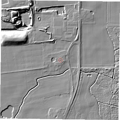 Shaded relief map of the ground around YO196ED, computed from Environment Agency LiDAR. The ground here sits at about 7 m above sea level and falls 13 m across the surrounding 800 m. The ground contributing surface water to this point lies to the north.