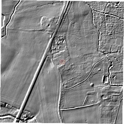Shaded relief map of the ground around YO196EF, computed from Environment Agency LiDAR. The ground here sits at about 6 m above sea level and falls 6 m across the surrounding 800 m. Surface water reaching this point runs off ground lying to the south, 0.8 m higher.