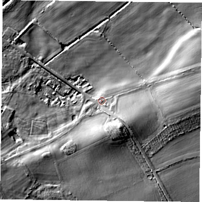 Shaded relief map of the ground around YO196EG, computed from Environment Agency LiDAR. The ground here sits at about 9 m above sea level and falls 12 m across the surrounding 800 m. Surface water reaching this point runs off ground lying to the south-east, 9.4 m higher.
