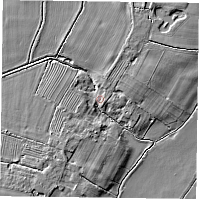 Shaded relief map of the ground around YO196EP, computed from Environment Agency LiDAR. The ground here sits at about 7 m above sea level and falls 6 m across the surrounding 800 m. Surface water reaching this point runs off ground lying to the north-west, 4.5 m higher.