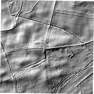 Shaded relief map of the ground around YO196ES, computed from Environment Agency LiDAR. The ground here sits at about 12 m above sea level and falls 6 m across the surrounding 800 m. Surface water reaching this point runs off ground lying to the south-east, 1.1 m higher.