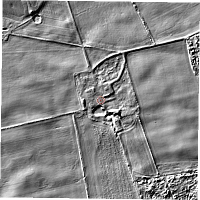 Shaded relief map of the ground around YO196ET, computed from Environment Agency LiDAR. The ground here sits at about 7 m above sea level and falls 6 m across the surrounding 800 m. Surface water reaching this point runs off ground lying to the east-north-east, 1.7 m higher.