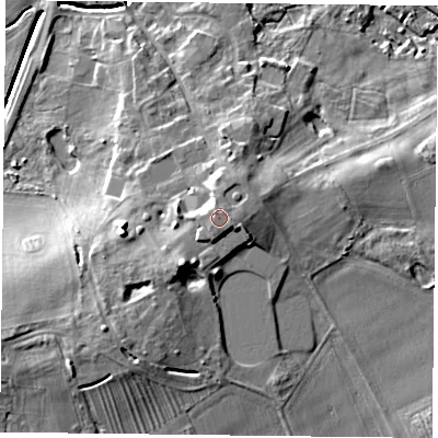 Shaded relief map of the ground around YO196EU, computed from Environment Agency LiDAR. The ground here sits at about 17 m above sea level and falls 14 m across the surrounding 800 m. The ground contributing surface water to this point lies to the south-west.