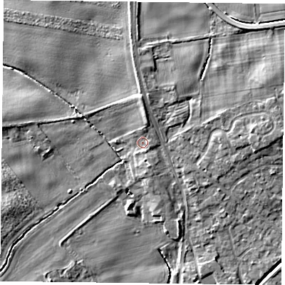 Shaded relief map of the ground around YO196EX, computed from Environment Agency LiDAR. The ground here sits at about 9 m above sea level and falls 7 m across the surrounding 800 m. Surface water reaching this point runs off ground lying to the west, 4.4 m higher.