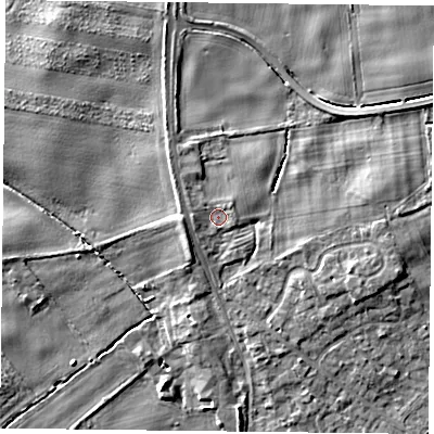 Shaded relief map of the ground around YO196EY, computed from Environment Agency LiDAR. The ground here sits at about 10 m above sea level and falls 5 m across the surrounding 800 m. Surface water reaching this point runs off ground lying to the west, 1.2 m higher.