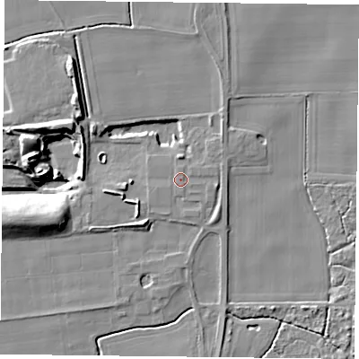 Shaded relief map of the ground around YO196FD, computed from Environment Agency LiDAR. The ground here sits at about 7 m above sea level and falls 13 m across the surrounding 800 m. Surface water reaching this point runs off ground lying to the east, 1.3 m higher.
