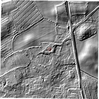 Shaded relief map of the ground around YO196FN, computed from Environment Agency LiDAR. The ground here sits at about 7 m above sea level and falls 9 m across the surrounding 800 m. Surface water reaching this point runs off ground lying to the west-south-west, 1.1 m higher.