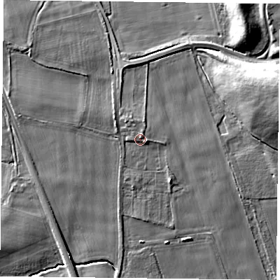 Shaded relief map of the ground around YO196FQ, computed from Environment Agency LiDAR. The ground here sits at about 10 m above sea level and falls 14 m across the surrounding 800 m. Surface water reaching this point runs off ground lying to the north-north-east, 0.8 m higher.