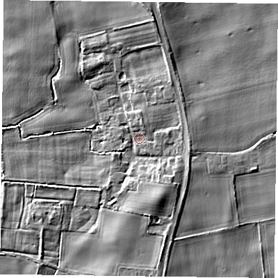 Shaded relief map of the ground around YO196HD, computed from Environment Agency LiDAR. The ground here sits at about 10 m above sea level and falls 6 m across the surrounding 800 m. Surface water reaching this point runs off ground lying to the east, 1.8 m higher.