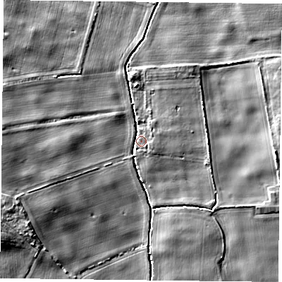 Shaded relief map of the ground around YO196HG, computed from Environment Agency LiDAR. The ground here sits at about 10 m above sea level and falls 6 m across the surrounding 800 m. Surface water reaching this point runs off ground lying to the east-north-east, 2.8 m higher.