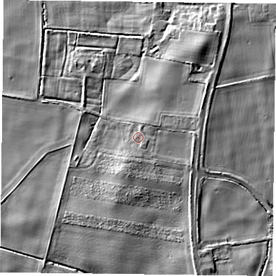 Shaded relief map of the ground around YO196HH, computed from Environment Agency LiDAR. The ground here sits at about 11 m above sea level and falls 6 m across the surrounding 800 m. Surface water reaching this point runs off ground lying to the north-east, 1.1 m higher.