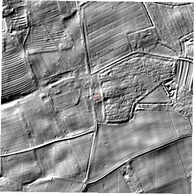 Shaded relief map of the ground around YO196HN, computed from Environment Agency LiDAR. The ground here sits at about 10 m above sea level and falls 5 m across the surrounding 800 m. Surface water reaching this point runs off ground lying to the east-north-east, 1.4 m higher.