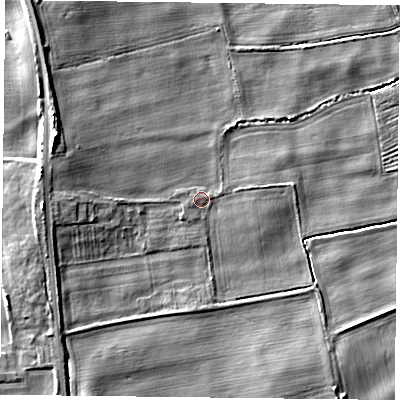 Shaded relief map of the ground around YO196HQ, computed from Environment Agency LiDAR. The ground here sits at about 10 m above sea level and falls 8 m across the surrounding 800 m. Surface water reaching this point runs off ground lying to the west, 0.8 m higher.