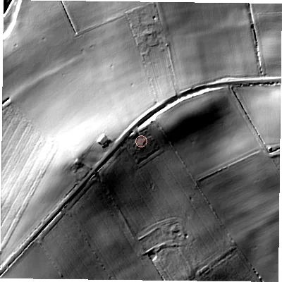 Shaded relief map of the ground around YO196HT, computed from Environment Agency LiDAR. The ground here sits at about 25 m above sea level and falls 25 m across the surrounding 800 m. Surface water reaching this point runs off ground lying to the north, 2.0 m higher.