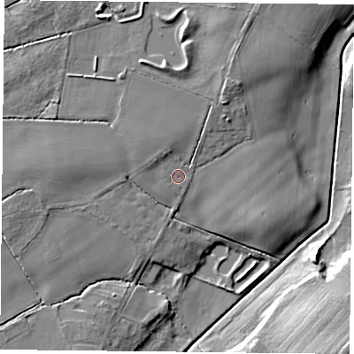 Shaded relief map of the ground around YO196HW, computed from Environment Agency LiDAR. The ground here sits at about 9 m above sea level and falls 14 m across the surrounding 800 m. Surface water reaching this point runs off ground lying to the north-north-west, 2.1 m higher.