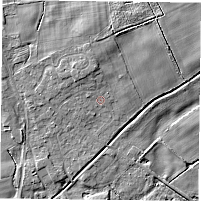 Shaded relief map of the ground around YO196JB, computed from Environment Agency LiDAR. The ground here sits at about 9 m above sea level and falls 8 m across the surrounding 800 m. Surface water reaching this point runs off ground lying to the north-west, 2.8 m higher.