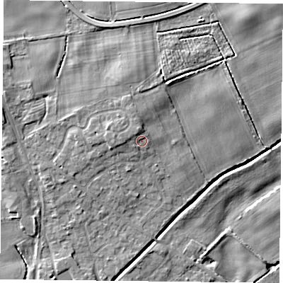Shaded relief map of the ground around YO196JD, computed from Environment Agency LiDAR. The ground here sits at about 10 m above sea level and falls 8 m across the surrounding 800 m. Surface water reaching this point runs off ground lying to the west-north-west, 1.5 m higher.