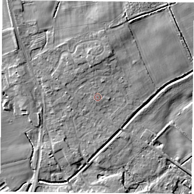 Shaded relief map of the ground around YO196JE, computed from Environment Agency LiDAR. The ground here sits at about 9 m above sea level and falls 8 m across the surrounding 800 m. Surface water reaching this point runs off ground lying to the north, 1.0 m higher.
