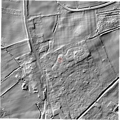 Shaded relief map of the ground around YO196JF, computed from Environment Agency LiDAR. The ground here sits at about 10 m above sea level and falls 8 m across the surrounding 800 m. Surface water reaching this point runs off ground lying to the east, 1.6 m higher.