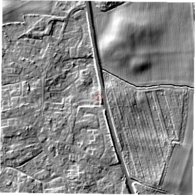 Shaded relief map of the ground around YO196JG, computed from Environment Agency LiDAR. The ground here sits at about 8 m above sea level and falls 8 m across the surrounding 800 m. Surface water reaching this point runs off ground lying to the south-east, 2.5 m higher.