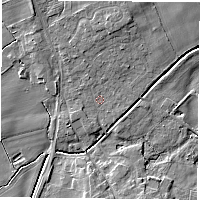 Shaded relief map of the ground around YO196JH, computed from Environment Agency LiDAR. The ground here sits at about 8 m above sea level and falls 8 m across the surrounding 800 m. Surface water reaching this point runs off ground lying to the north, 4.2 m higher.