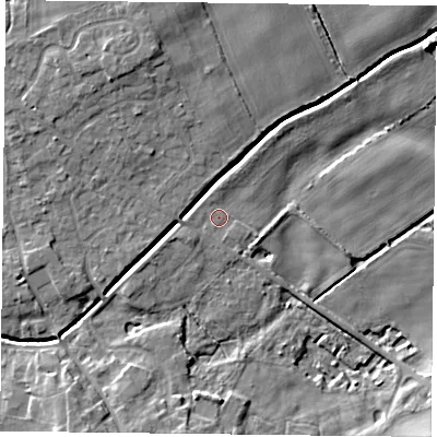 Shaded relief map of the ground around YO196JJ, computed from Environment Agency LiDAR. The ground here sits at about 7 m above sea level and falls 8 m across the surrounding 800 m. Surface water reaching this point runs off ground lying to the north-north-west, 6.9 m higher.