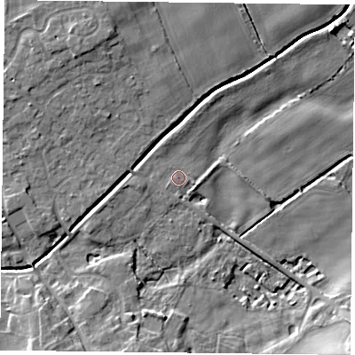 Shaded relief map of the ground around YO196JL, computed from Environment Agency LiDAR. The ground here sits at about 7 m above sea level and falls 11 m across the surrounding 800 m. Surface water reaching this point runs off ground lying to the north-north-west, 6.9 m higher.