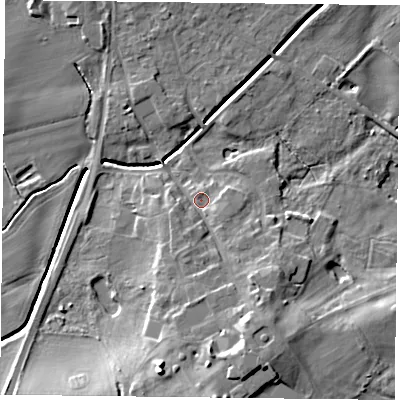 Shaded relief map of the ground around YO196JP, computed from Environment Agency LiDAR. The ground here sits at about 9 m above sea level and falls 14 m across the surrounding 800 m. Surface water reaching this point runs off ground lying to the south-south-east, 8.1 m higher.