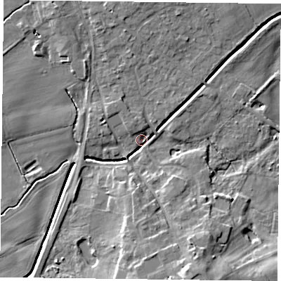 Shaded relief map of the ground around YO196JQ, computed from Environment Agency LiDAR. The ground here sits at about 7 m above sea level and falls 12 m across the surrounding 800 m. Surface water reaching this point runs off ground lying to the south-south-east, 11.8 m higher.