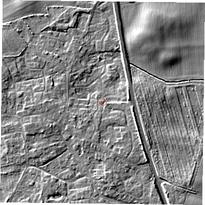 Shaded relief map of the ground around YO196JR, computed from Environment Agency LiDAR. The ground here sits at about 8 m above sea level and falls 8 m across the surrounding 800 m. Surface water reaching this point runs off ground lying to the south-east, 4.4 m higher.