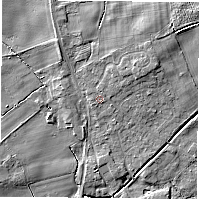 Shaded relief map of the ground around YO196JT, computed from Environment Agency LiDAR. The ground here sits at about 9 m above sea level and falls 8 m across the surrounding 800 m. Surface water reaching this point runs off ground lying to the east, 0.9 m higher.