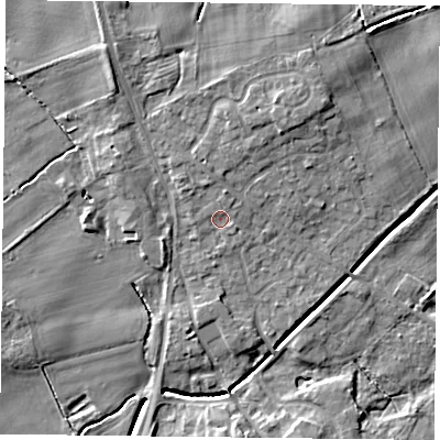 Shaded relief map of the ground around YO196JU, computed from Environment Agency LiDAR. The ground here sits at about 8 m above sea level and falls 8 m across the surrounding 800 m. Surface water reaching this point runs off ground lying to the north-north-west, 1.7 m higher.