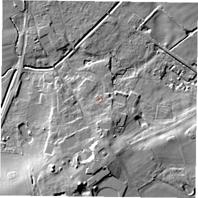 Shaded relief map of the ground around YO196JZ, computed from Environment Agency LiDAR. The ground here sits at about 10 m above sea level and falls 14 m across the surrounding 800 m. Surface water reaching this point runs off ground lying to the south-south-east, 4.4 m higher.