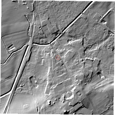 Shaded relief map of the ground around YO196LA, computed from Environment Agency LiDAR. The ground here sits at about 10 m above sea level and falls 14 m across the surrounding 800 m. Surface water reaching this point runs off ground lying to the south-south-east, 8.0 m higher.