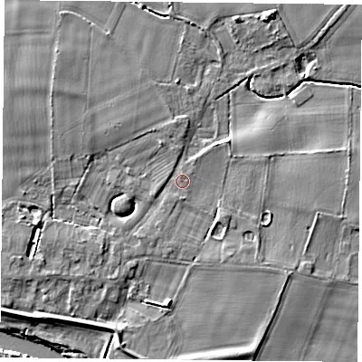 Shaded relief map of the ground around YO196LD, computed from Environment Agency LiDAR. The ground here sits at about 7 m above sea level and falls 8 m across the surrounding 800 m. Surface water reaching this point runs off ground lying to the west-south-west, 3.2 m higher.