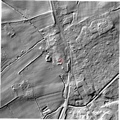 Shaded relief map of the ground around YO196LF, computed from Environment Agency LiDAR. The ground here sits at about 9 m above sea level and falls 8 m across the surrounding 800 m. Surface water reaching this point runs off ground lying to the north, 0.5 m higher.
