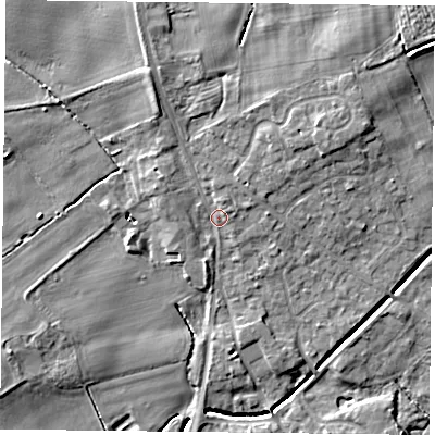 Shaded relief map of the ground around YO196LG, computed from Environment Agency LiDAR. The ground here sits at about 9 m above sea level and falls 8 m across the surrounding 800 m. Surface water reaching this point runs off ground lying to the north-east, 4.0 m higher.