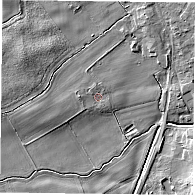 Shaded relief map of the ground around YO196LN, computed from Environment Agency LiDAR. The ground here sits at about 9 m above sea level and falls 10 m across the surrounding 800 m. Surface water reaching this point runs off ground lying to the west, 1.8 m higher.