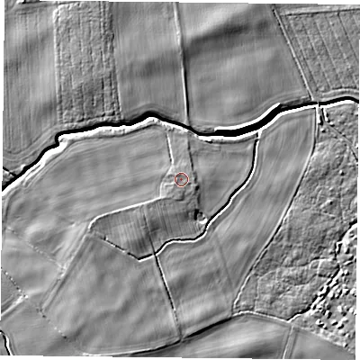 Shaded relief map of the ground around YO196LP, computed from Environment Agency LiDAR. The ground here sits at about 10 m above sea level and falls 6 m across the surrounding 800 m. Surface water reaching this point runs off ground lying to the south, 0.7 m higher.