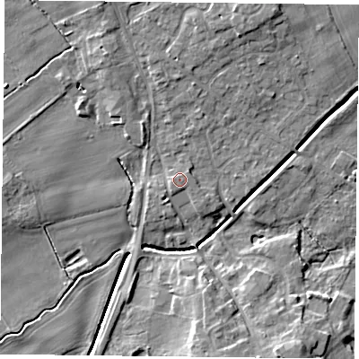 Shaded relief map of the ground around YO196LQ, computed from Environment Agency LiDAR. The ground here sits at about 9 m above sea level and falls 10 m across the surrounding 800 m. The ground contributing surface water to this point lies to the west-south-west.