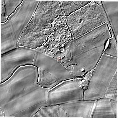 Shaded relief map of the ground around YO196LR, computed from Environment Agency LiDAR. The ground here sits at about 11 m above sea level and falls 7 m across the surrounding 800 m. Surface water reaching this point runs off ground lying to the west-south-west, 1.7 m higher.
