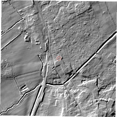 Shaded relief map of the ground around YO196LS, computed from Environment Agency LiDAR. The ground here sits at about 8 m above sea level and falls 9 m across the surrounding 800 m. Surface water reaching this point runs off ground lying to the south-south-west, 0.5 m higher.