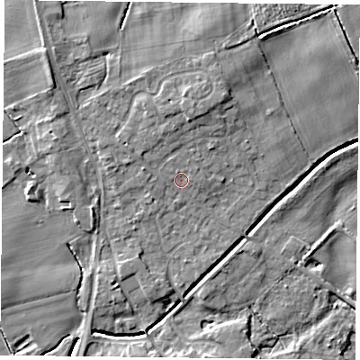Shaded relief map of the ground around YO196LT, computed from Environment Agency LiDAR. The ground here sits at about 9 m above sea level and falls 8 m across the surrounding 800 m. Surface water reaching this point runs off ground lying to the north, 3.2 m higher.
